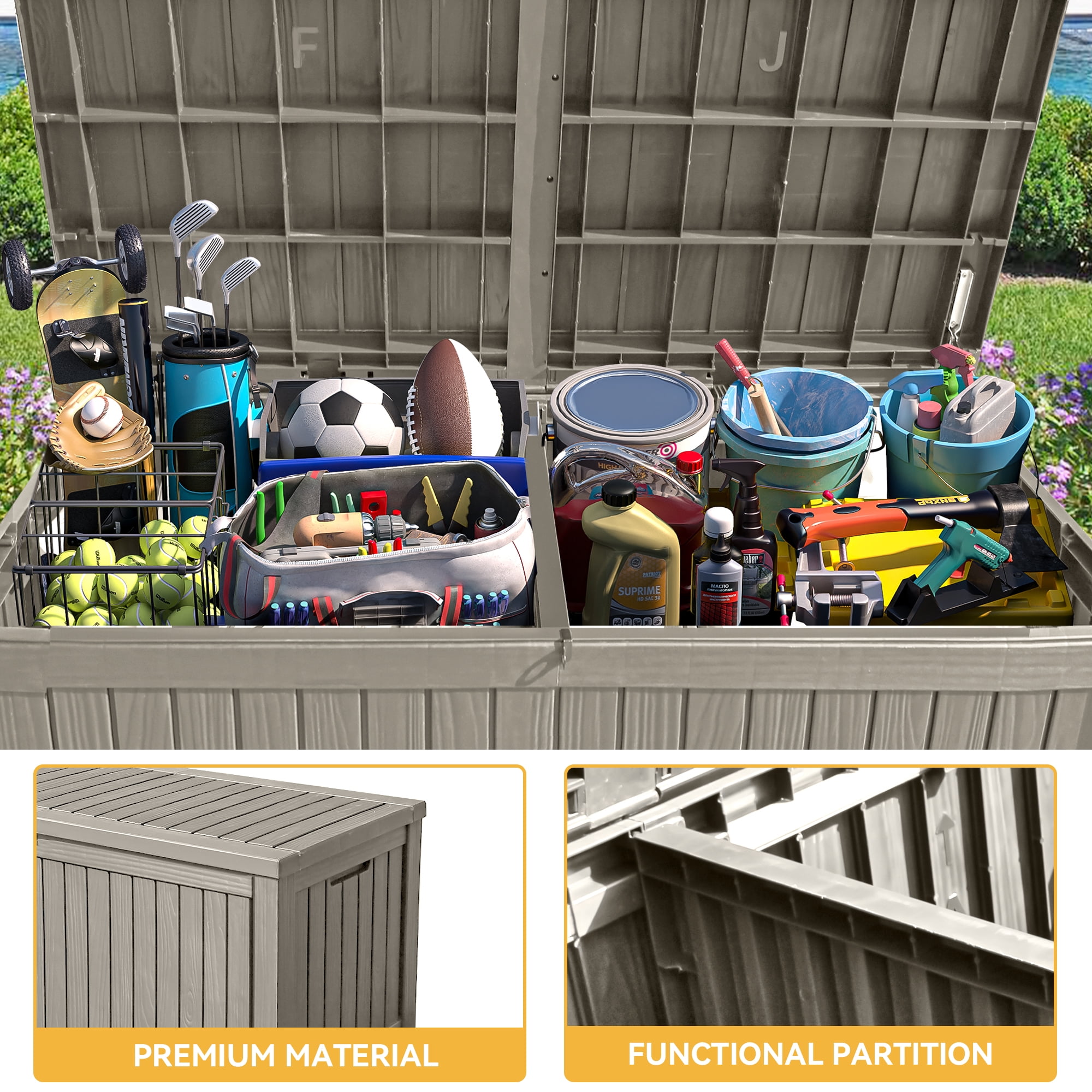 Uforic 150 Gallon Resin Deck Box,Outdoor Garden Storage Box with Built-in Divider, Waterproof and Lockable,Brown