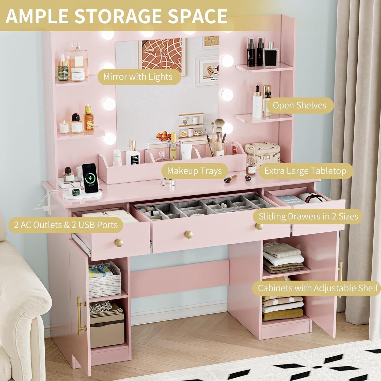 FANRAL 43'' Vanity Desk with 10 LED Lights,Under-Table RGB Strip & Built-in Power Station,Multi-Storage Makeup Table for Bedroom Bathroom Grooming,Pink Vanity