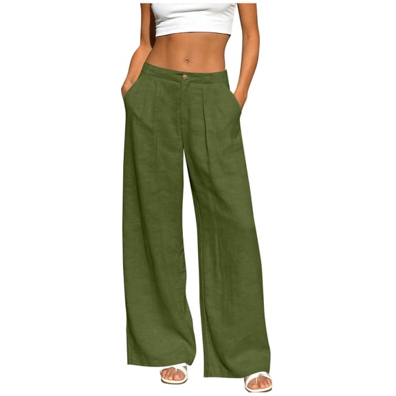 Rutainlusire Women's Trendy High Waisted Pleated Wide Leg Linen Pants Women Women's Fashion Solid Color Elastic Waist Casual Pocket Straight Leg Pants