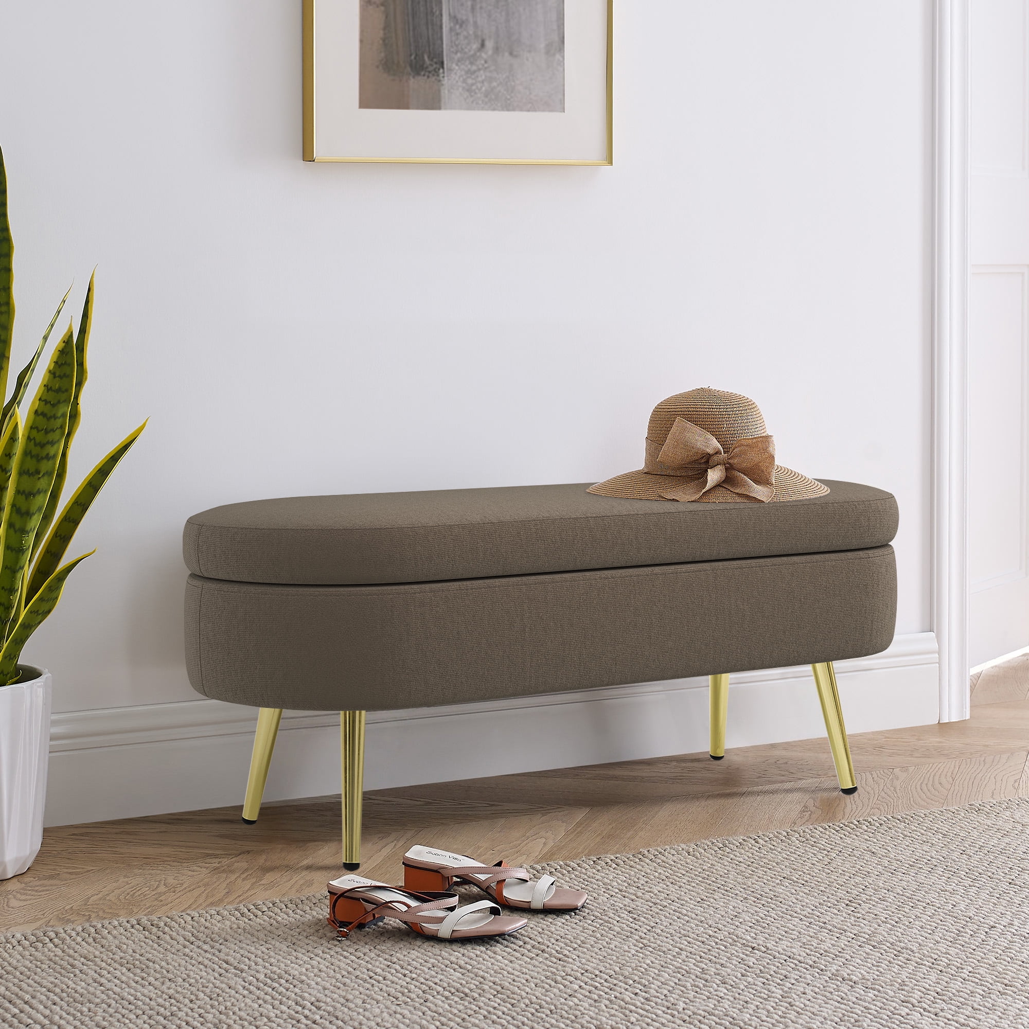 Oval Flannel Storage Ottoman Bench, Upholstered Footstool with Metal Legs, 43.5"x16"x16", 250lbs Capacity for Home Decor