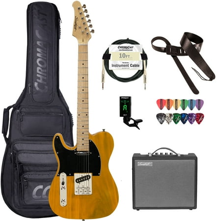 Sawtooth Left-Handed ET Series Electric Guitar Travel Bundle with Portable 10-Watt Amp, ChromaCast Pro Series Bag, Cable, Tuner & Picks; Butterscotch