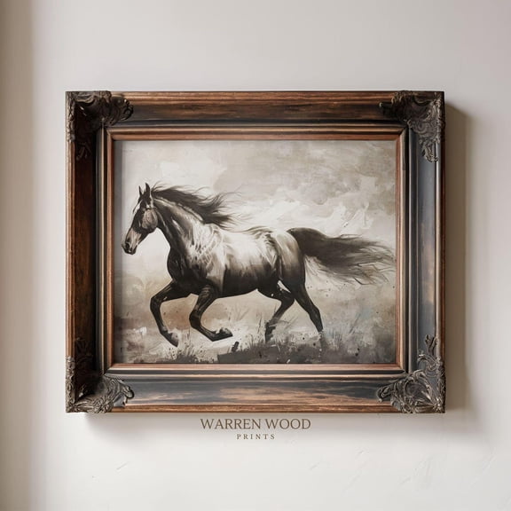 Stallion, Dramatic Horse Wall Art, Moody Brown Landscape Print, Rustic Equine Decor, Vintage Horse, Dramatic Brush Art Home Decor #1533, Unframed Poster Size 8x12