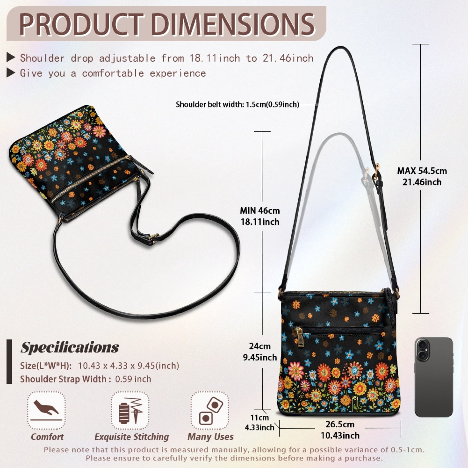 ZUXONGSY Boho Daisy Flower Print PU Shoulder Bag for Women Large Shoulder Handbags Messenger Bag Trendy Travel Purse with Shoulder Strap Pocketbook for Business Dating