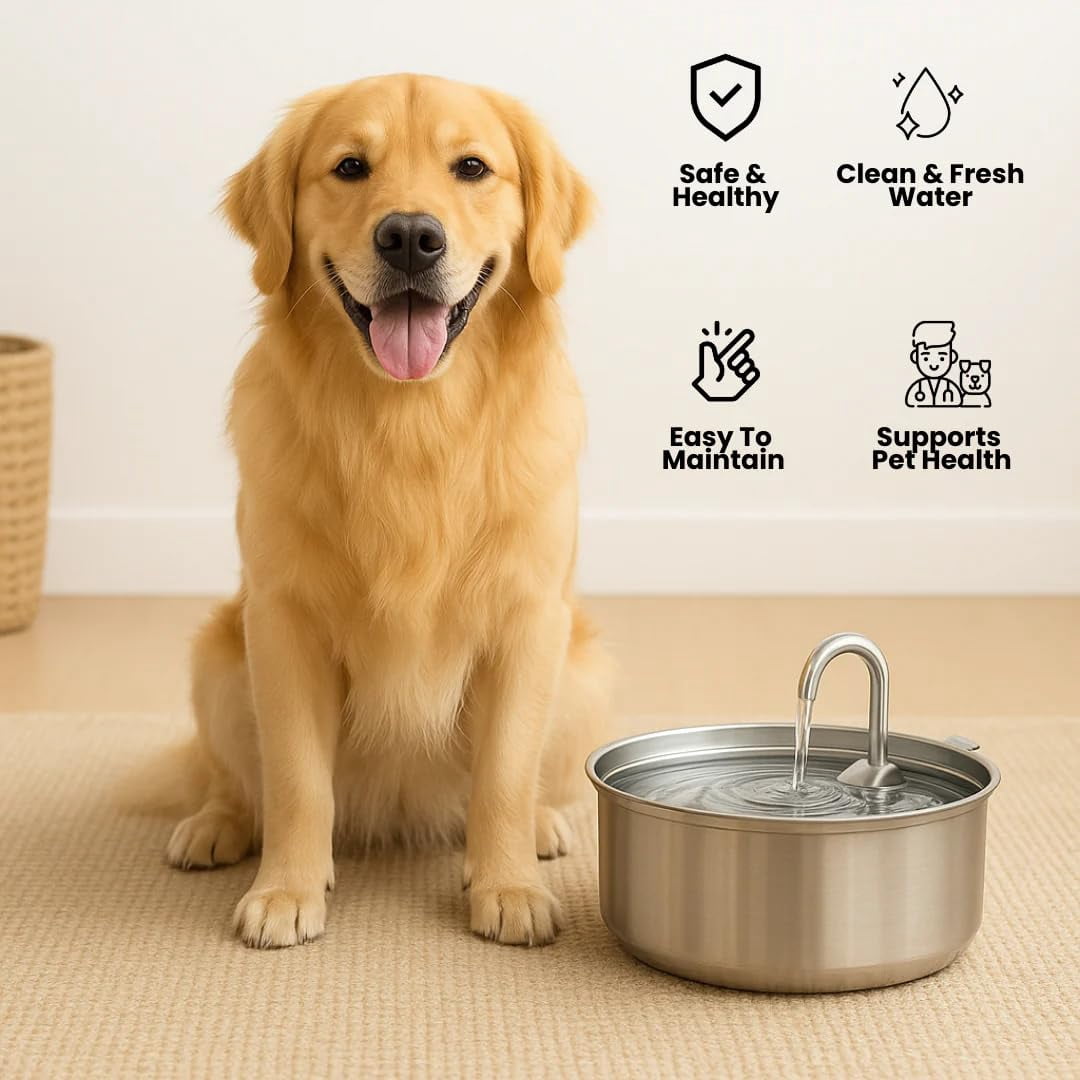 3.2L Pet Water Fountain, Large Capacity Dog Stainless Steel, Silent Low-Noise Design, Multi-Filtration, LED Low‑Water Alert, Suitable for Home Use