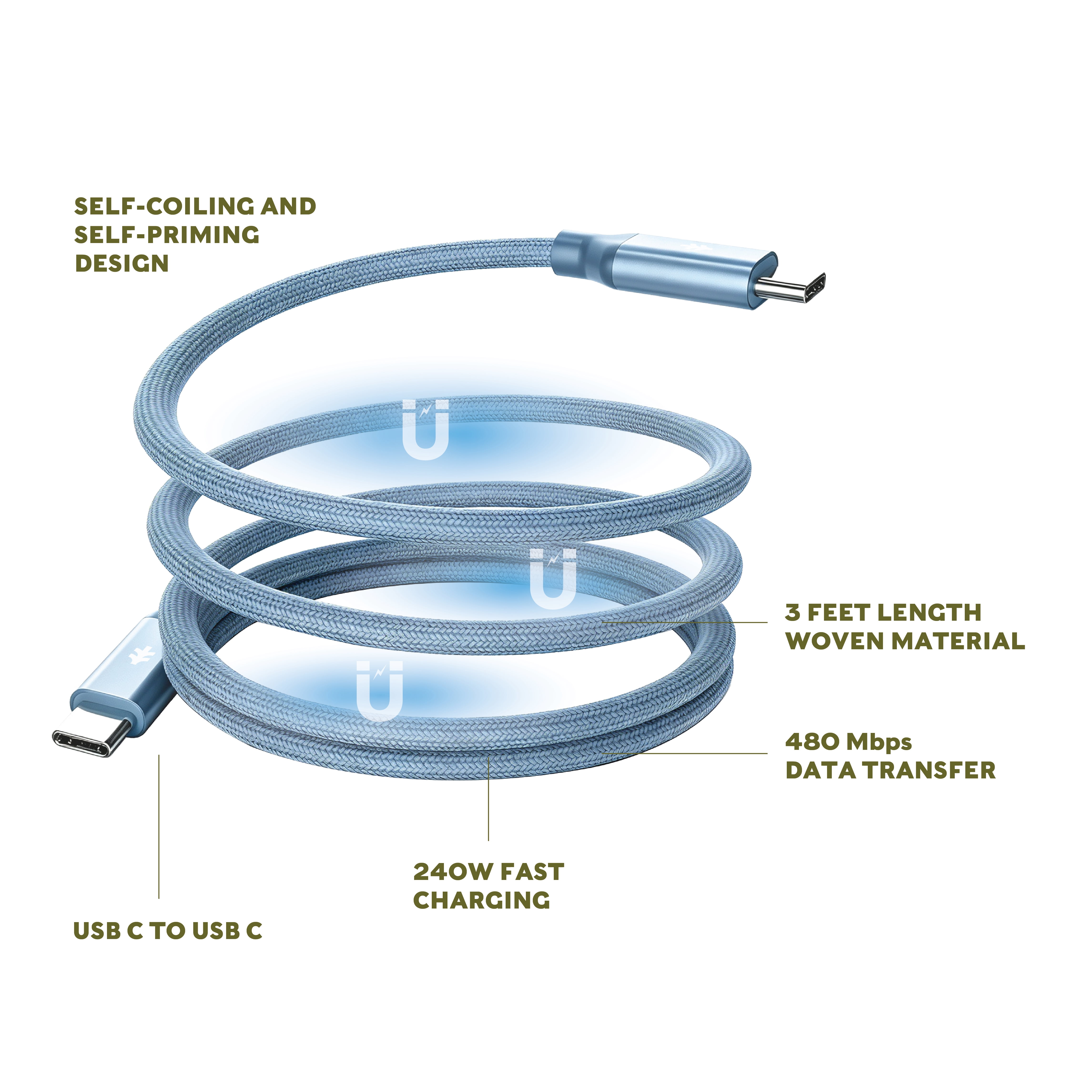 Swiss Tech Kabel M240 3 ft 240W Magnetic Self-Coiling USB-C Charging Cable, Cresta Blue