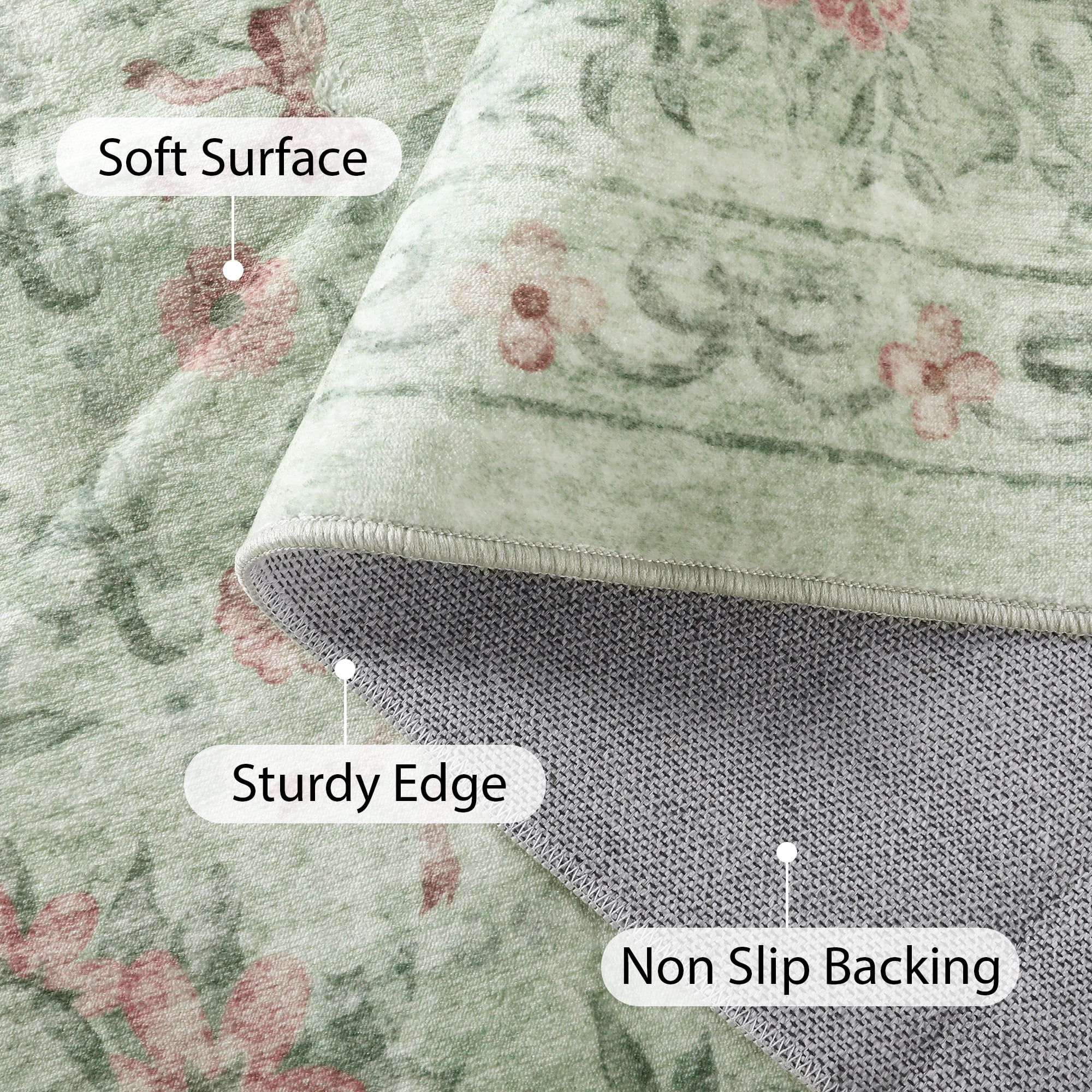 Lahome Washable 8'x10' Area Rug, Sage Green Floral Bow Print Rugs for Living Room, Ultra-Thin Non-Shedding Soft Boho Carpet for Bedroom Dining Room Playroom Dorm, Large Mat, Light Green