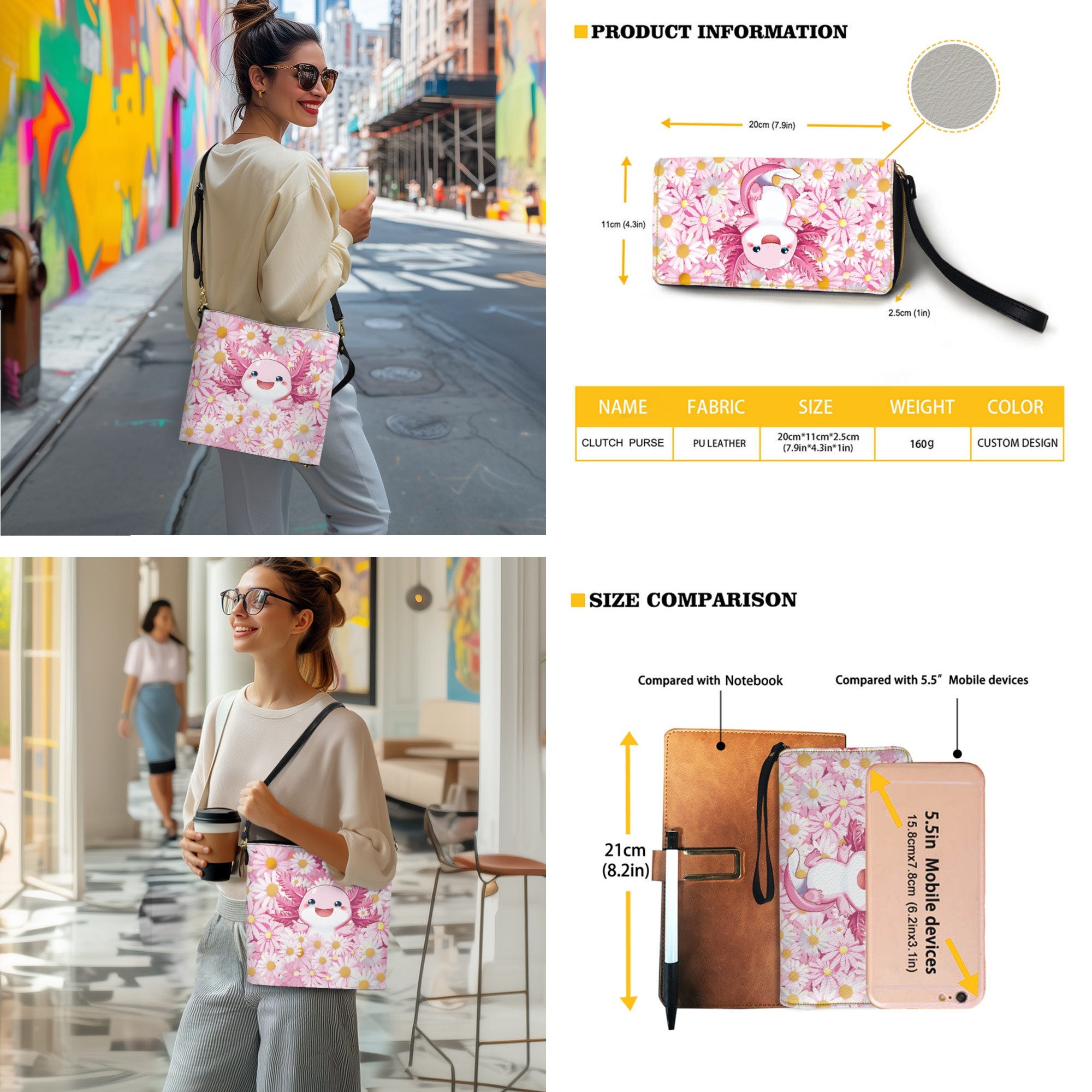 ZUXONGSY Axolotl Daisy Flower Print Crossbody Hobo Bag with Wallet Set for Women Casual 2 Pcs Bucket Purse Set Lightweight Bucket Purse and Wallet Set for Working