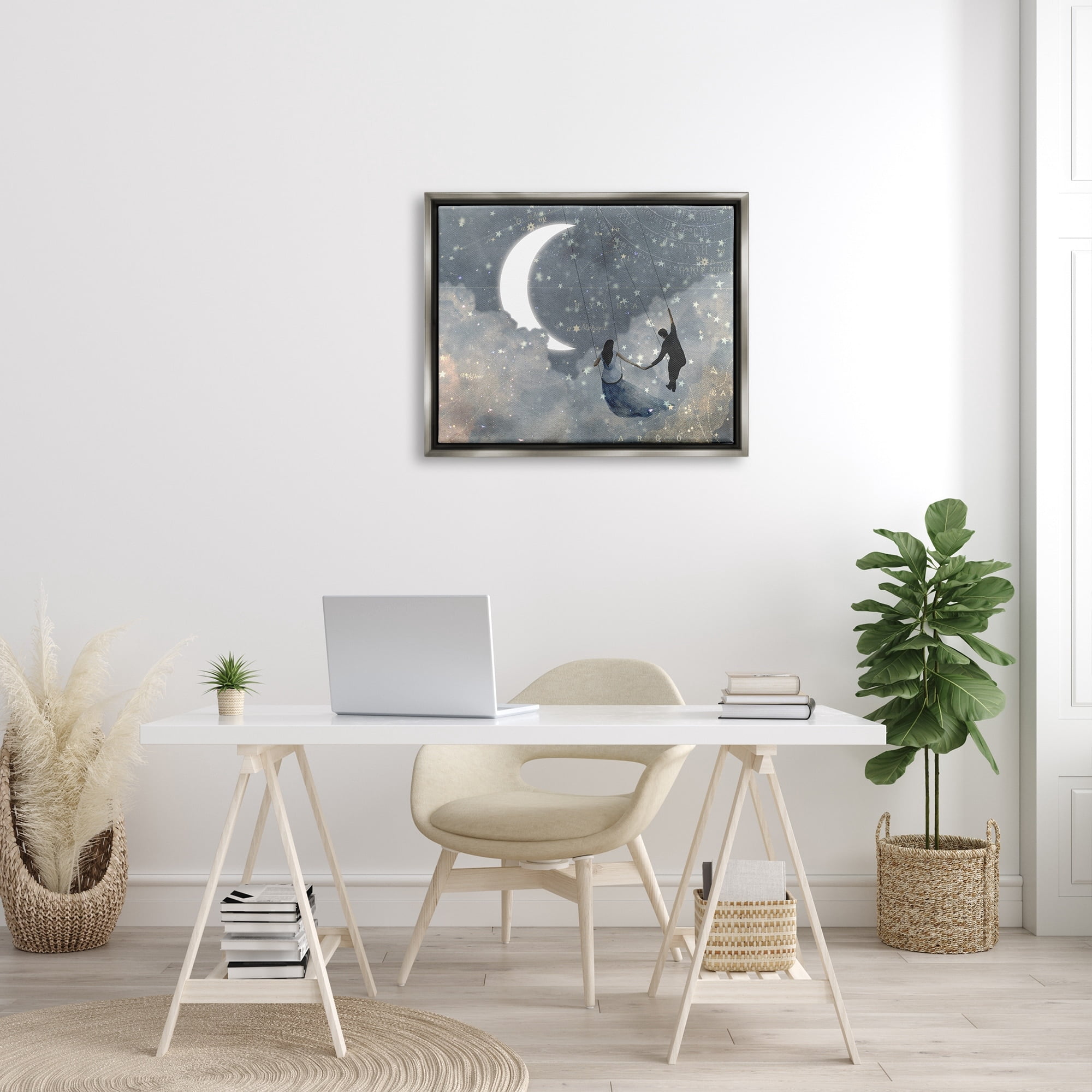 Stupell Industries Grey and Blue Celestial Love Sky Swinging by the Crescent Moon and Stars Luster Gray Framed Floating Canvas Wall Art, 24x30, by Victoria Borges