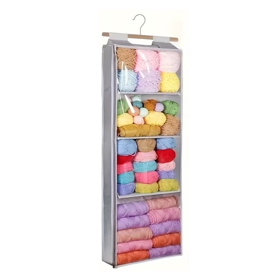 Hanging Yarn Storage Organizer with 4 Large Clear Pockets, Yarn Organizer for Crochet and Knitting Supplies, Over the Door Yarn Holder with Hooks for Yarn Skeins