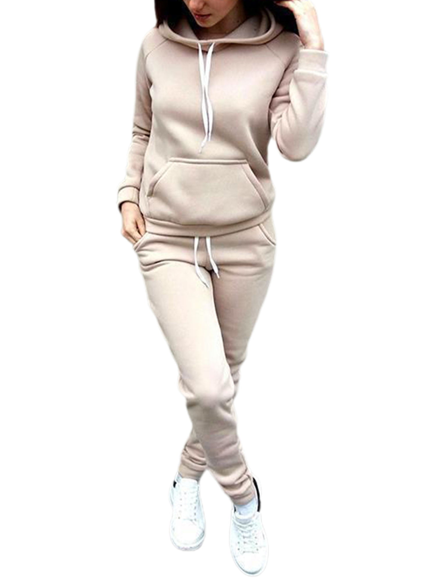 4XL Plus Size Sport Suits Womens Solid Hoodies Matching Drawstring Jogging Leggings Front Pocket Tracksuits