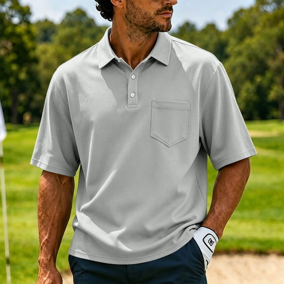 Men's Polo Shirts Short Sleeve Quick Dry Outdoor Golf Sports Shirts with Pocket Light Gray M