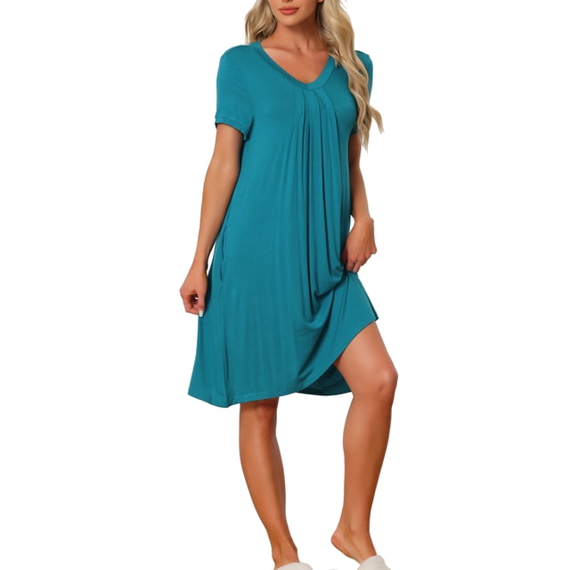 INSPIRE CHIC Camisón de Noche para Mujeres, Ropa de Dormir, Vestido de Lounge, Noche de Cuello en V, Manga Corta, Bata XL Color Azul Pavo Real