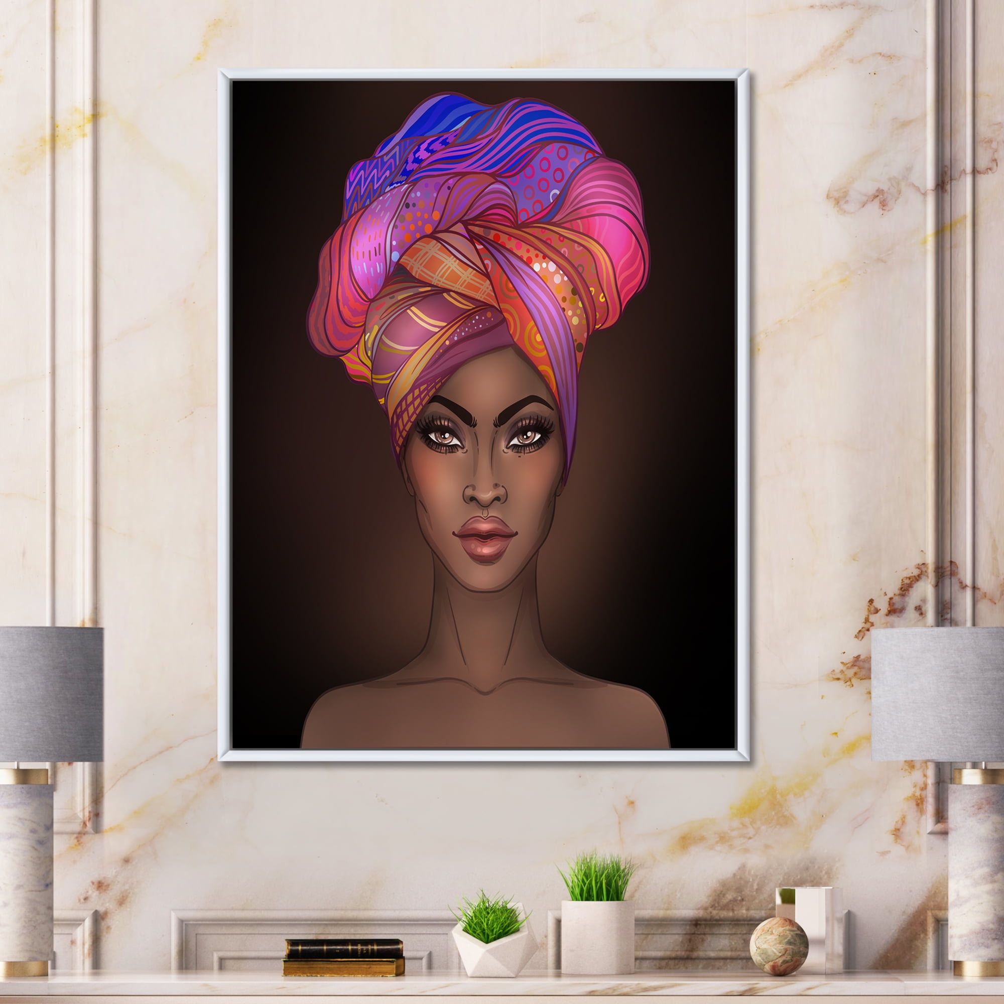 Designart 'African American Woman Portrait with Turban VI' Modern Framed Canvas Wall Art Print