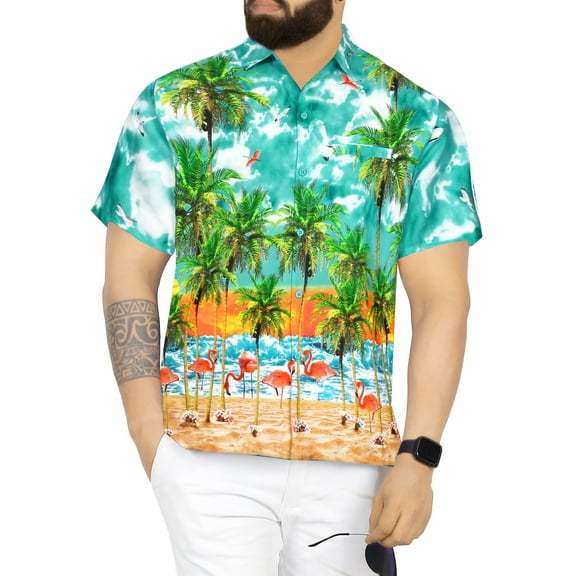 LA LEELA Men's Hawaiian Shirts Short Sleeve Button Down Shirt Men's Casual Shirts Holiday Tropical Beach Summer Shirts for Men Funny M Sea Flamingo, Turquoise