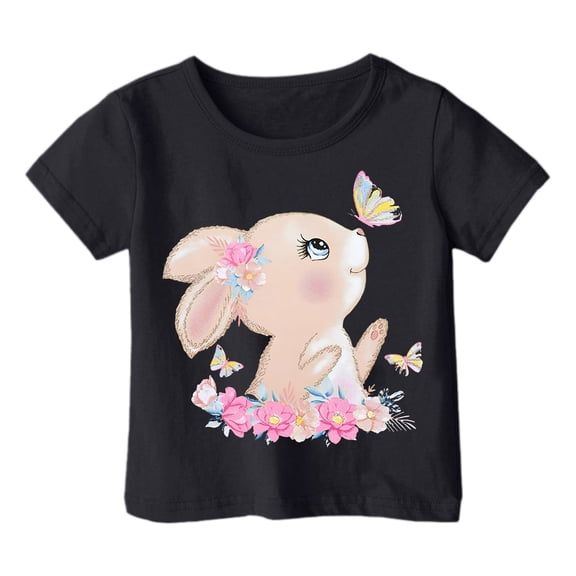 Shirts for Girls Cartoon Rabbit Short Sleeve T Shirt Top Easter Day Trendy Crew Neck Children's Shirts 3-4 Years,Black