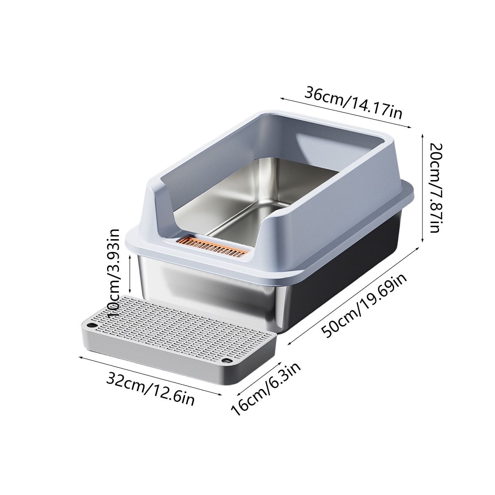 Stainless Steel High Sided Litter Box For Cats, Odor Resistant Easy Clean Pet Toilet With Step Platform And Scoop, Durable Cat Litter Tray Solution