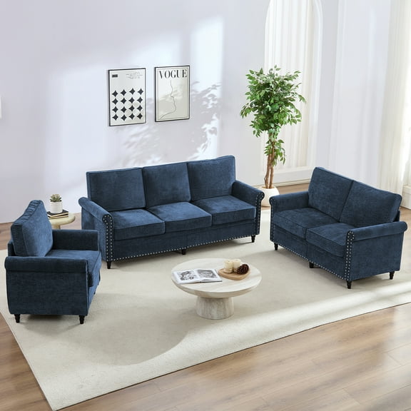 MjkoneĀ Chenille Sectional Sofa Sets,3 Pieces Living Room Furniture Sets,Couch Sets for Living Room,3-Seater Loveseat Armchair,Navy Blue