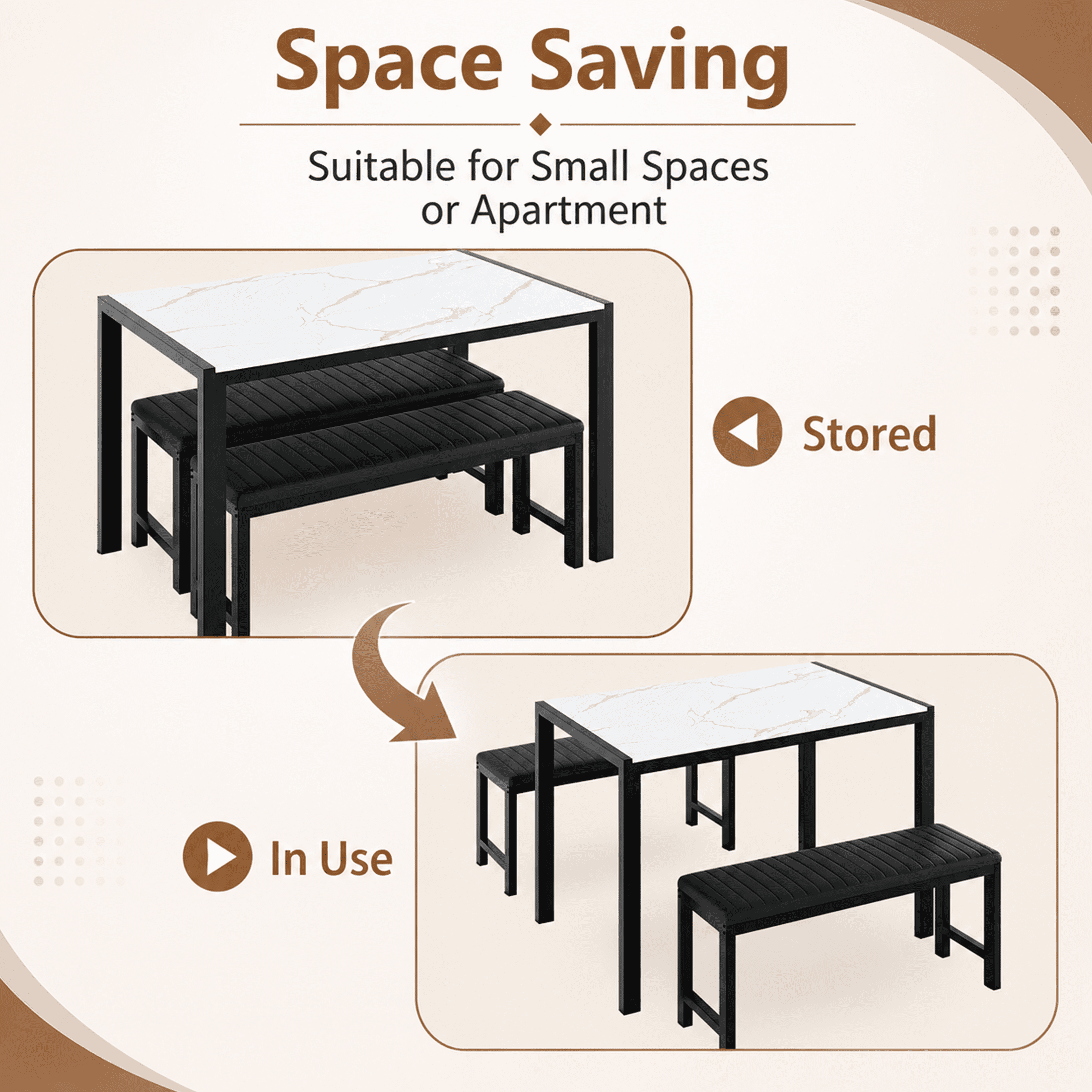 UHOMEPRO Dining Table Set for 4, Kitchen Table with 2 Benches, Modern Dining Room Table Set with Metal Frame, Breakfast Nook Furniture Set for Home Cafeteria Bar Kitchen, White+Black