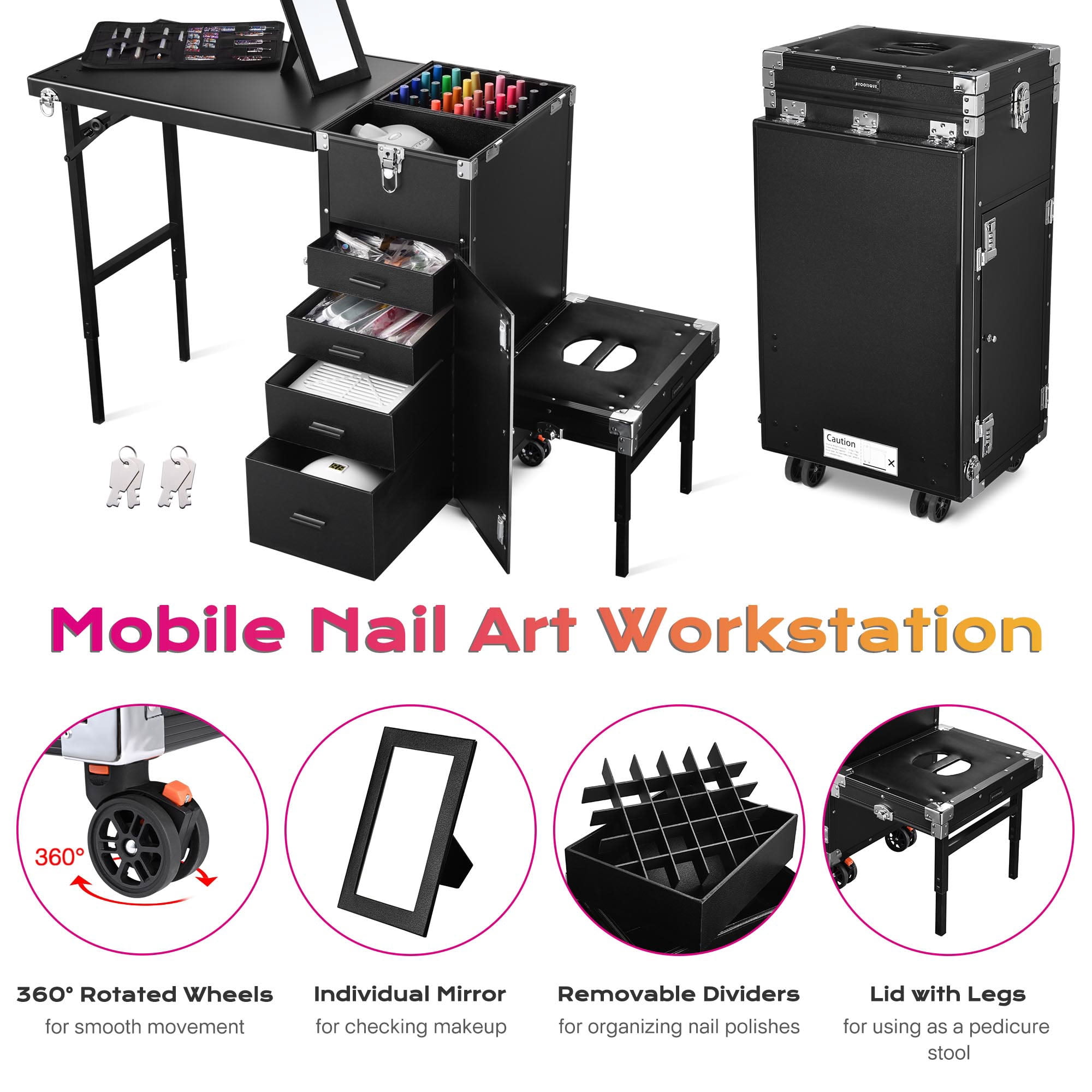 Byootique Rolling Makeup Train Case Patented Design Pedicure Nail Salon Nail Foldable Trolley Cosmetic Organizer Black with Stool