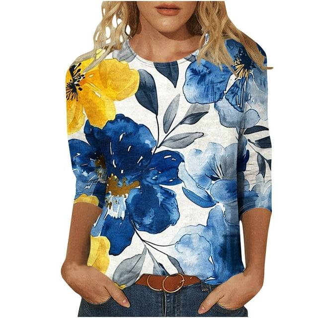 KIHOUT Nouvelles Arrivées Tunique à Manches 3/4 pour Femmes, Coupe Ample, Imprimé Floral, Col Rond, T-Shirt