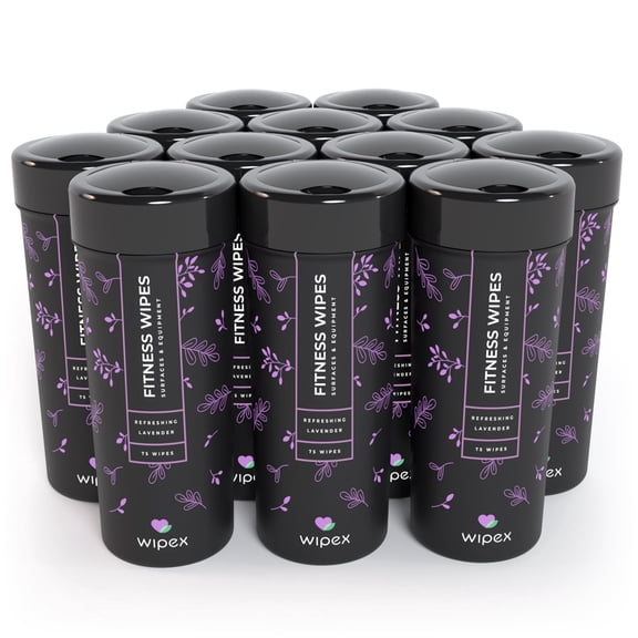 Wipex Gym Wipes Bulk Pack for Fitness Equipment Cleaning, Lavender & Vinegar, 75 Count Canisters (12 Pack Case)
