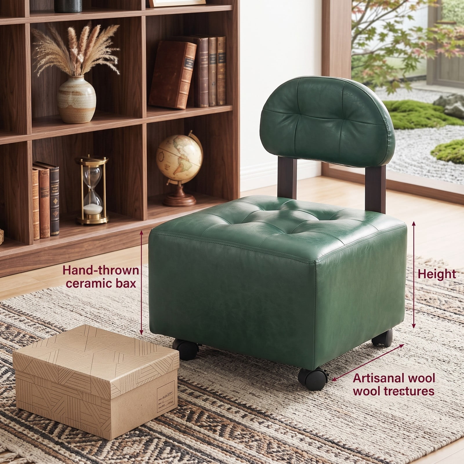 Furnibear Small Rolling Footrest Stool Set of 2 with Lockable Swivel Wheels, Faux Leather Backrest Footstool Ottoman for Living Room Bedroom Entryway, 330 lbs, Green