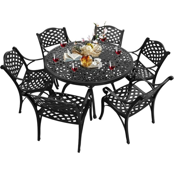 7 Pieces Cast Aluminium Patio Dining Set for 6 Person,Round 48" Patio Table and 6 Chair with 2.3" Umbrella Hole,Outdoor Patio Dining Set for Porch Backyard Deck, Black