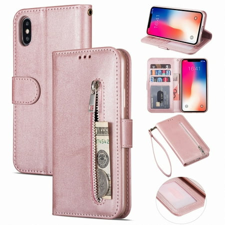 iPhone XS Zipper Wallet Case, iPhone X Leather Case, Dteck Credit Card Holder Slot case with Money Pocket, Protective Cover with Hand Strap Compatible For Apple iPhone XS / X, Rosegold