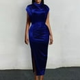 thumbnail image 4 of Neinkie Party Dress Tight Waist Sheath Dress Slim Fit High Split Solid Color Breathable Soft Half-high Collar Short Sleeves Evening Dress Wedding Dress, 4 of 9