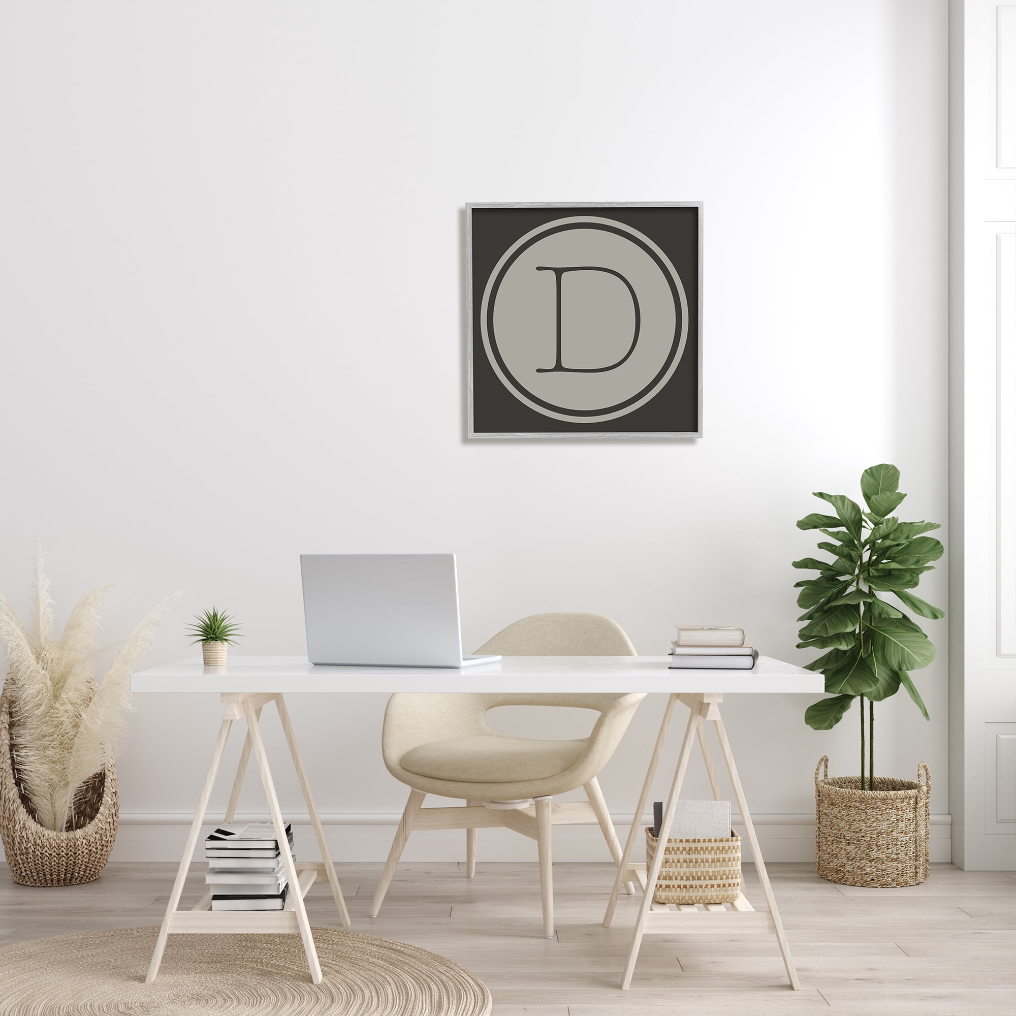 Stupell Industries Modern C Initial Circular Shape Elevator Key Typography Painting Gray Framed Art Print Wall Art, 24 x 24