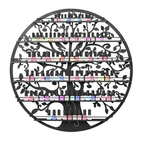 Wall Mounted 6 Tier Nail Polish Rack Holder - Tree Silhouette Round Metal Display Shelf Salon Wall Art Display Organizer Cosmetics Stand
