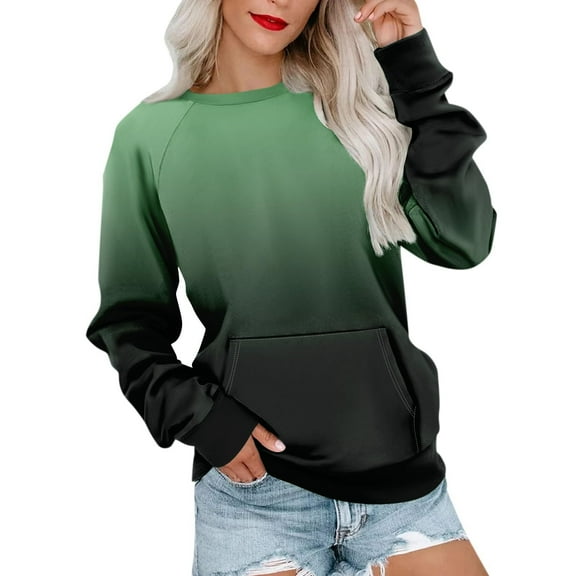 Darzheoy Womens Tops Long Sleeve Hoodless Round Neck Drop Shoulder Pullover Sweatshirts Gradient Color Fall Winter Printed Casual Loose Blouses