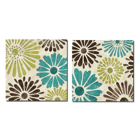 Stencil Flowers I Lovely Teal, Lime Green and Brown Flowers; Two 12x12 Poster Prints