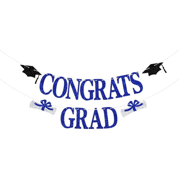 Blue Silver Glitter Congrats Grad Banner with Graduation Cap & Diploma Cutouts, Graduation Party Photo Backdrop Decor