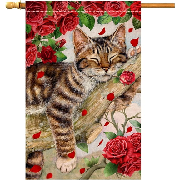 Valentines Day Cat House Flag 28 x 40 Vertical Double Sided Red Roses Spring Farmhouse Holiday Outside Decorations Burlap Yard Flag BW757-40