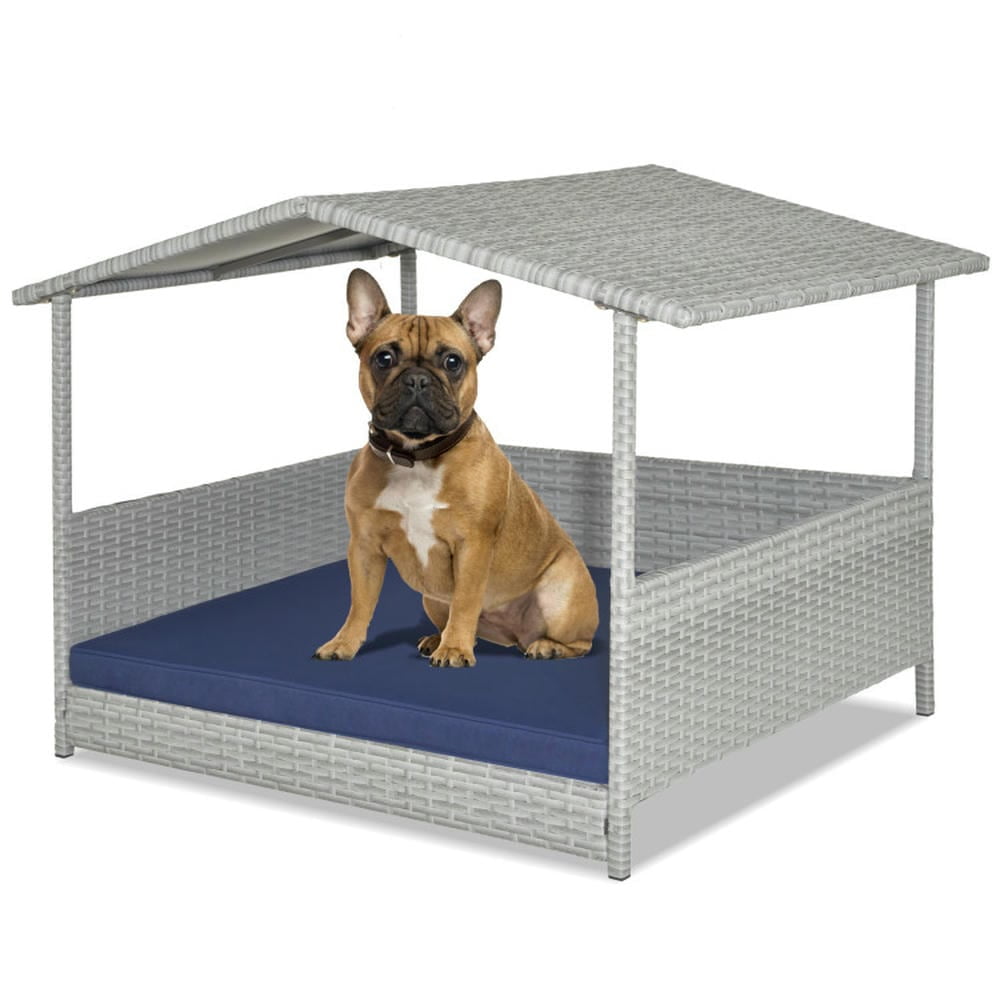 Spaco Wicker Dog House with Waterproof Roof and Washable Cushion Cover-Navy, Dog House, Indoor Outdoor Durable Ventilate Waterproof Pet Dog House