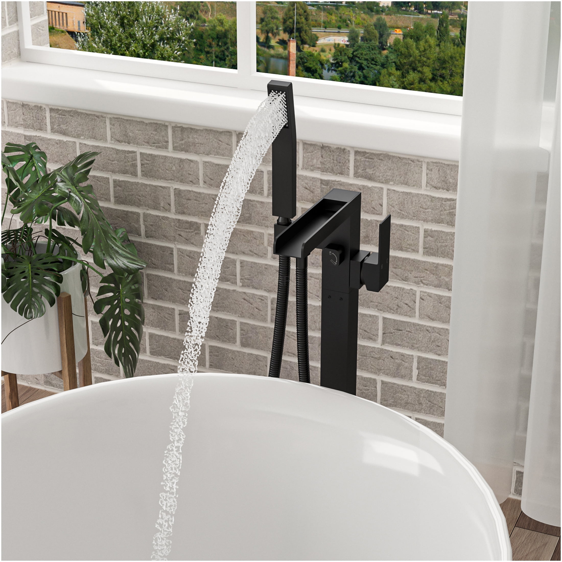 JERFIT Floor Mounted Tub Filler with Hand Shower, 360° Rotatable Matte Black Waterfall Spout, Solid Brass Freestanding Bathtub Faucet for Modern Bathroom