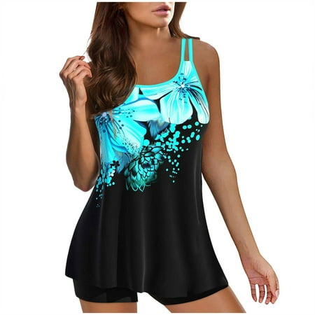 Women Plus Size Vintage Print Strappy Back Tankini Set Two Piece Swimdress Panty Bathing Suit Beachwear Swim Shorts Women Boyshort Swimsuits For Women Tummy Control Swimsuits For Women Plus Size Cute