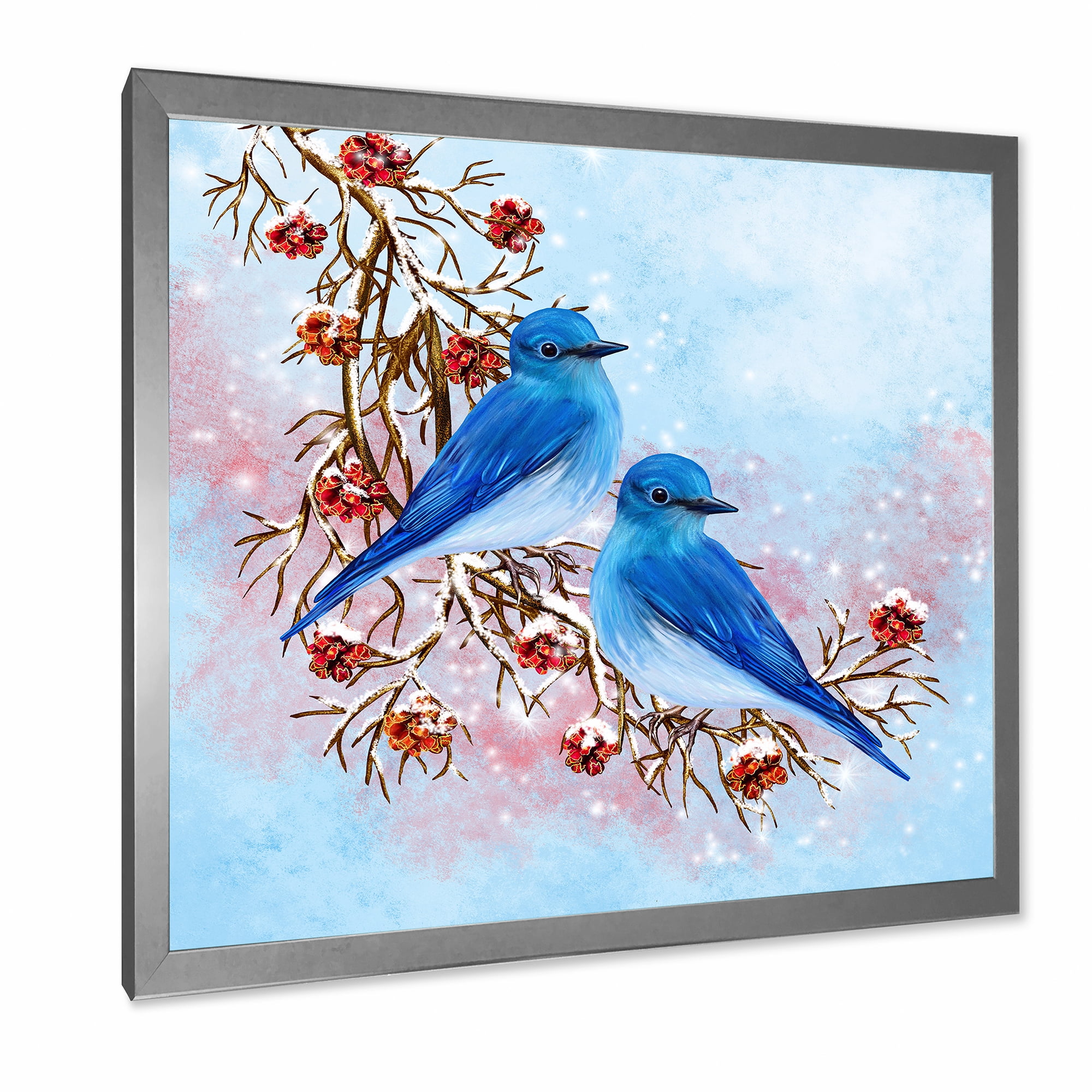 Designart 'Two Blue Birds Sitting On A Branch With Berries In Winter' Traditional Framed Art Print