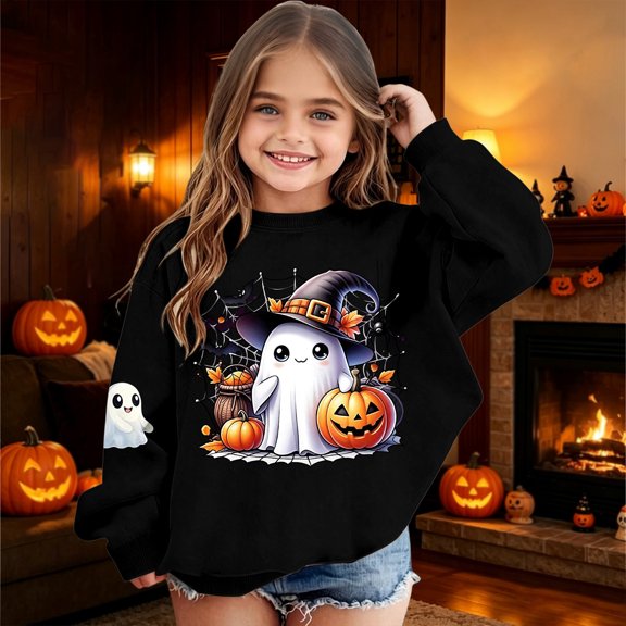 Tfken Girls Halloween Sweatshirt Ghost Pumpkin Graphic Print Pullover Crew Neck Long Sleeve Fall Winter Soft Comfortable Casual Wear Festival Party Tops Size,3-10 Years Black