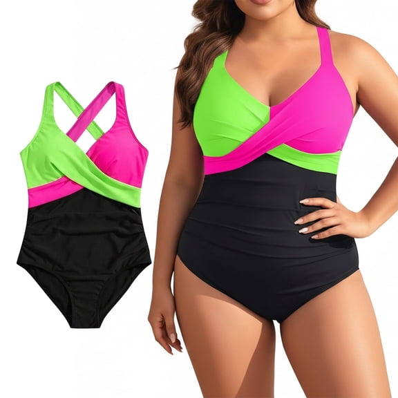Plus Size One Piece Swimsuits for Women - Tummy Control Bathing Suit for Women Color Block Swimwear Full Coverage Bathing