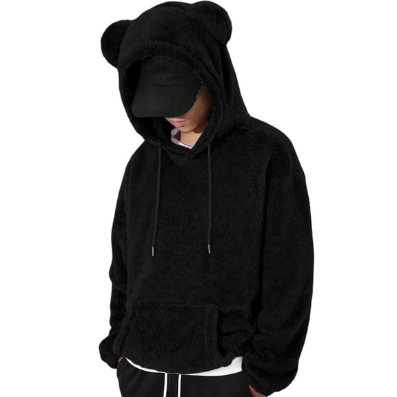 Men's Bear Ear Hoodies Drawstring Long Sleeve Fleece Sweatshirt Fuzzy Pullover Tops