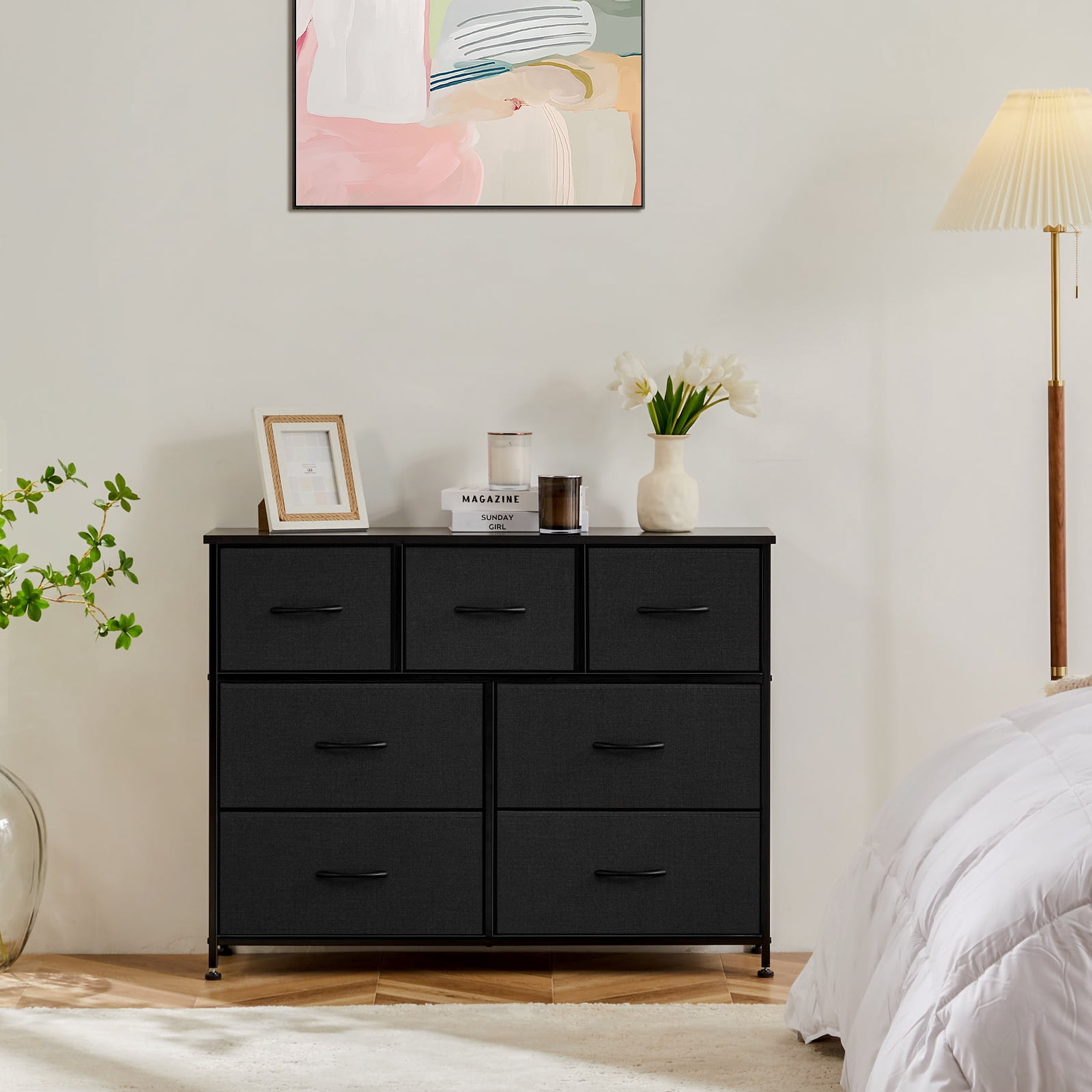 MCQ 7-Drawer Fabric Dresser with Metal Frame & Wood Top – Storage Organizer for Bedroom, Closet, Entryway, Black