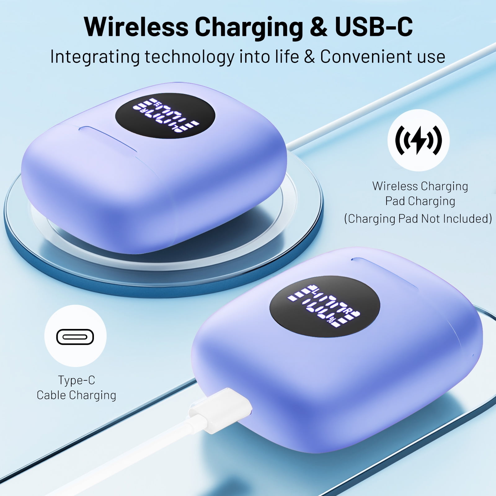 Atilioo Wireless Earbuds V5.3 Bluetooth Headphones with Deep Bass Stereo Power Display, 40H Playback with Charging Case, IP7 Waterproof in-Ear Earphones with Mic for TV Sport, Android iOS, Blue