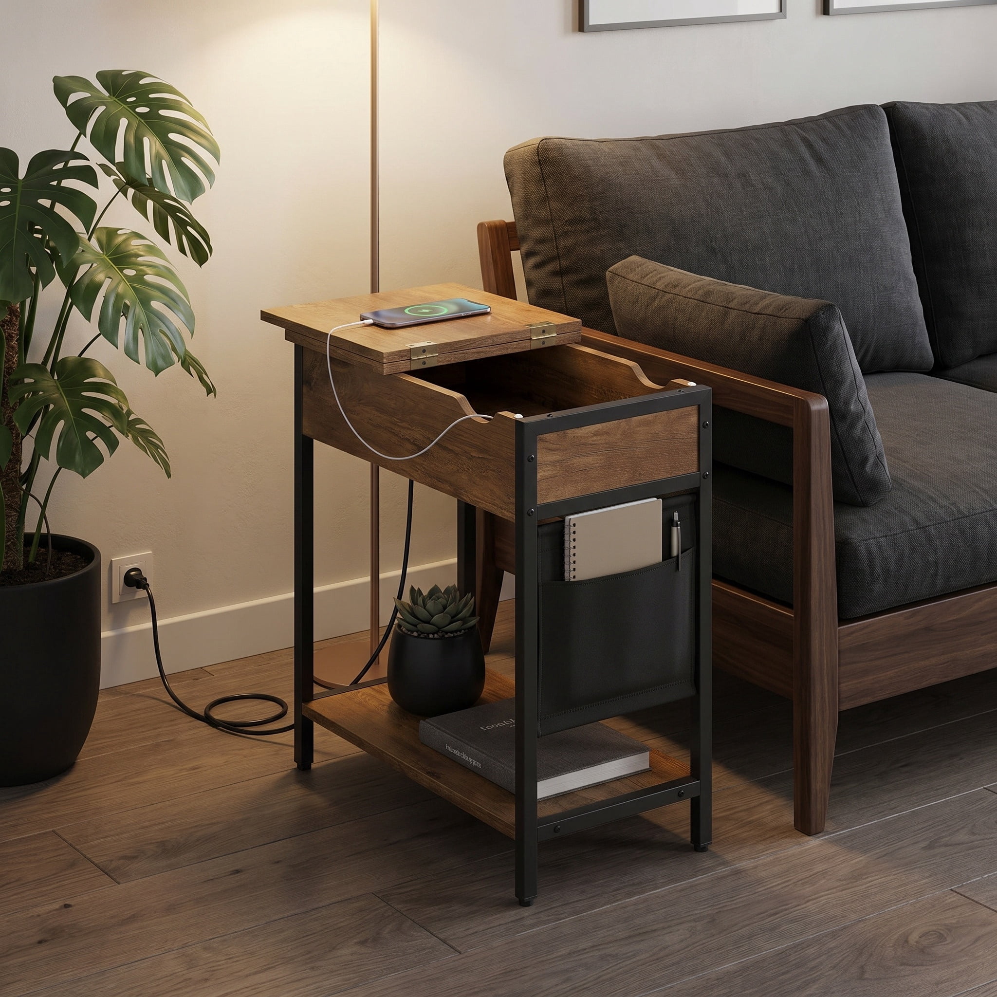 Rustic Walnut and Black Industrial Side Table with Built-In Charging Station, USB Ports, and Side Fabric Storage Pockets