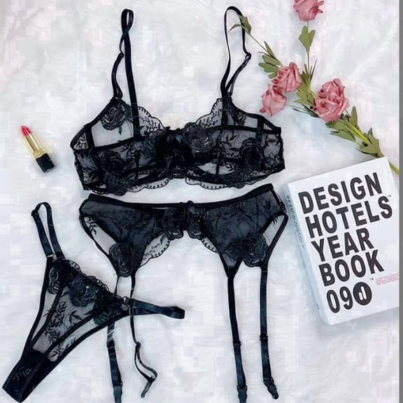 Women's Lace, Polyester Lingerie Set, Black (3-Piece)