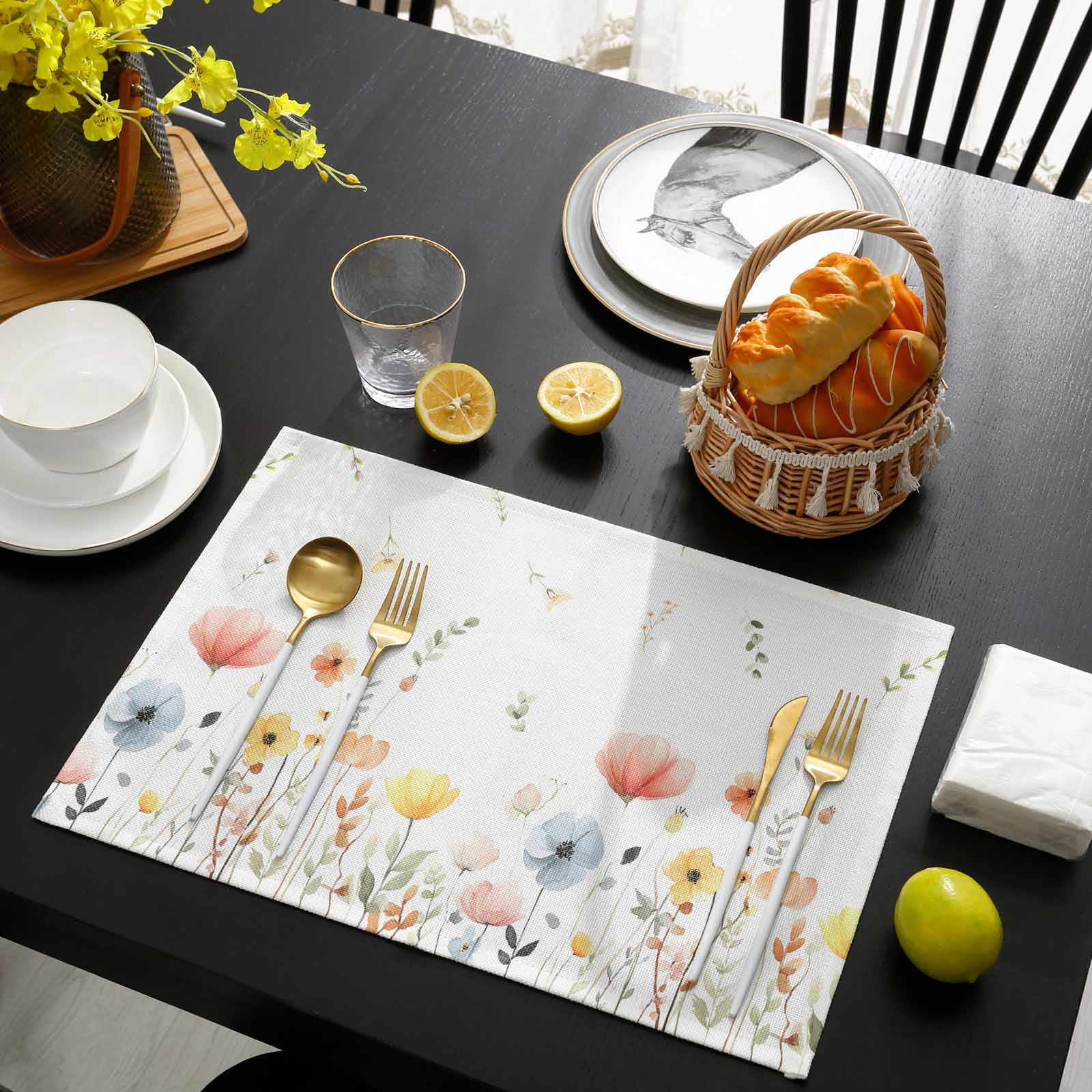 Spring Wildflowers Placemats Set of 4, Watercolor Rustic Flowers Floral Leaves Placemats for Dining Table, Place Mats for Kitchen Tabletop, Waterproof Wipeable Dining Table Mats Set