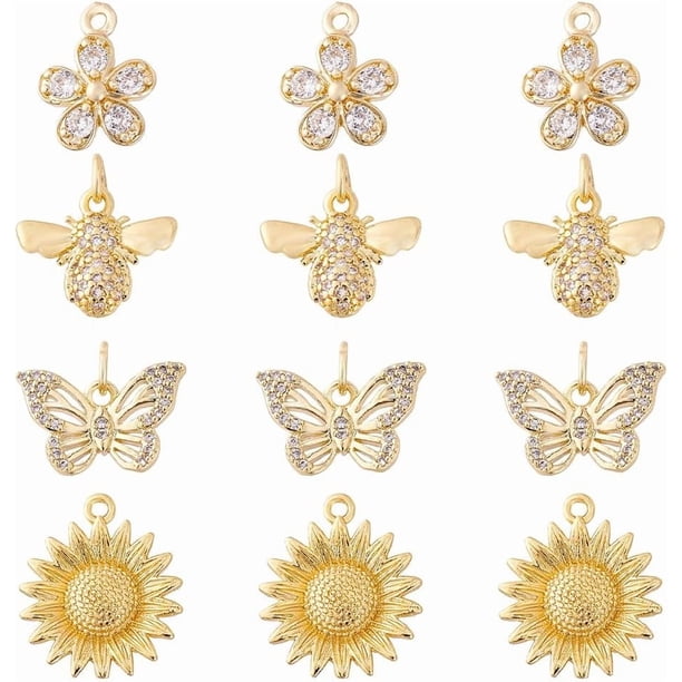 12 colgantes de mariposa de latón chapado en oro de 18 quilates con circonita cúbica transparente, 4 estilos, con forma de flor y anillas de salto.