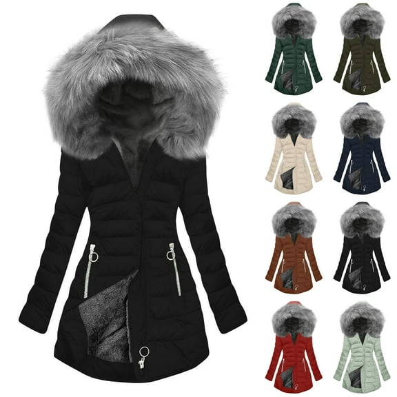 Horkkom Winter Coats for Women Thicken Hooded Zip Jackets Warm Snow Solid Color Plus Size Jacket with Pockets, Gifts for Women