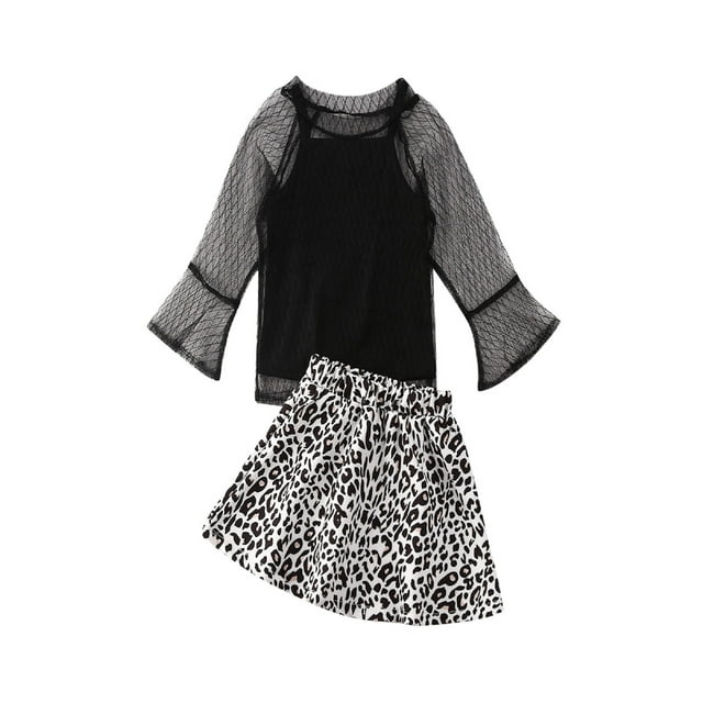xiaxaixu Ensembles pour Bébé, Blouse Noire à Manches Ajourées + Jupe à Imprimé Léopard